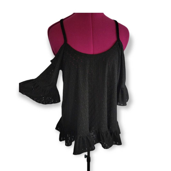 **NWT** Michael Kors Eyelet Cold Shoulder Ruffle Top Size Medium Black - Picture 4 of 8